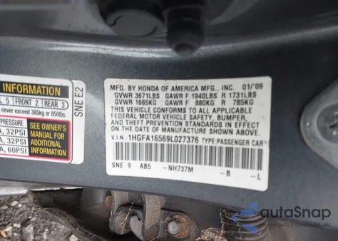 2009 Honda Civic Lx z USA, uszkodzony, nr VIN 1HGFA16569L027376
